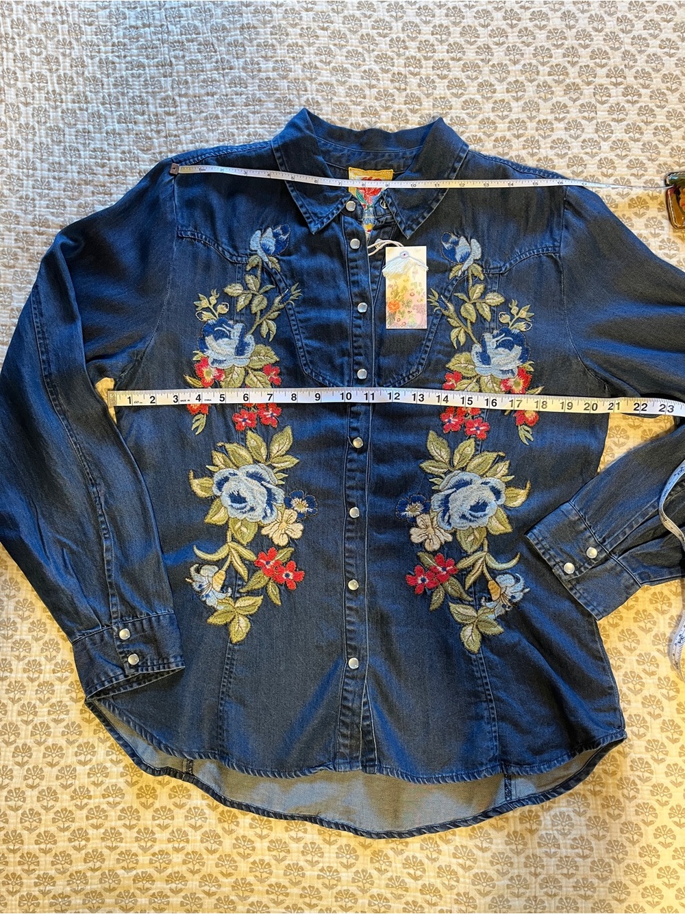 Johnny Was Hannah Denim Shirt with Multicolor Floral Embroidery - Blue - Picture 8 of 12